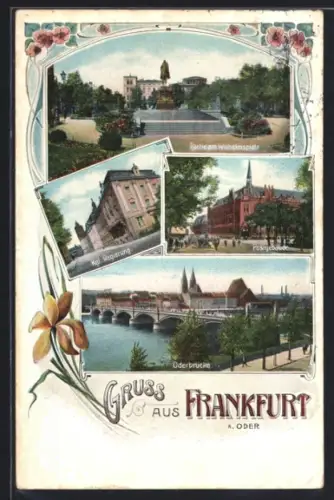 AK Frankfurt a. Oder, Wilhelmsplatz, Königl. Regierung, Postgebäude, Oderbrücke, Blumen