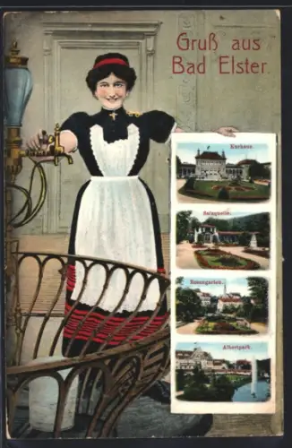 AK Bad Elster, Dienstmädchen präsentiert Ansichten von Kurhaus, Salzquelle, Rosengarten, Albertpark