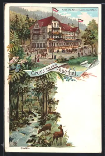 Lithographie Ilsethal, Hotel und Pension zum Ilsenstein, Ilsefälle