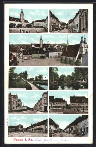 AK Pegau i. Sa., Rathaus, König-Albert-Hain, Klosterkirche, Innere Bahnhofstrasse