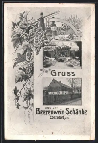 AK Ebersdorf, Beerenwein-Schänke, Aussenansicht, Gartenlokal, Weintrauben