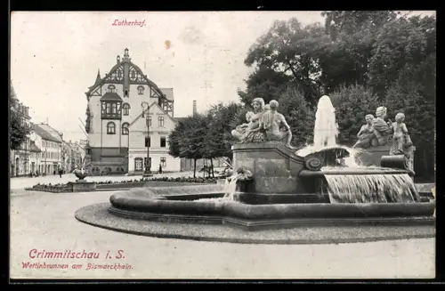 AK Crimmitschau i. S., Wettinbrunnen am Bismarckhain, Lutherhof