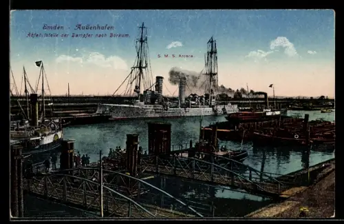 AK Emden, Aussenhafen, S.M.S. Arcona, Abfahrtstelle der Dampfer nach Borkum