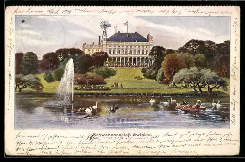 AK Zwickau, Schwanenschloss, Park mit Teich und Fontäne
