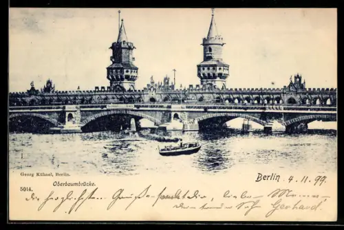 AK Berlin-Friedrichshain, Oberbaumbrücke, Flussansicht mit Boot