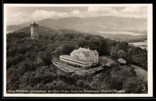 AK Bielefeld, Berg Gaststätte Hünenburg mit Drei-Kaiser-Turm im Teutoburger Wald
