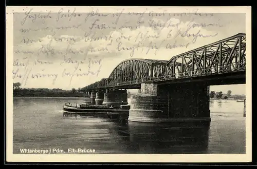 AK Wittenberge /Pdm., Eblbrücke mit passierendem Lastkahn