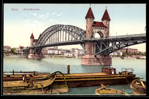 AK Bonn, Rheinbrücke, Frachter, Stadtpanorama