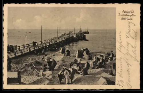 AK Brunshaupten, Seebrücke, Strand mit Strandkörben