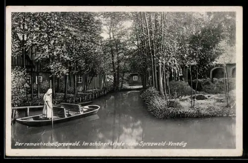 AK Lehde /Spreewald, Ortspartie mit Kahnfahrt