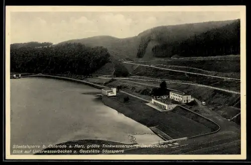 AK Osterode a. Harz, Sösetalsperre, Unterwasserbecken, Gaststätte Sösetalsperre