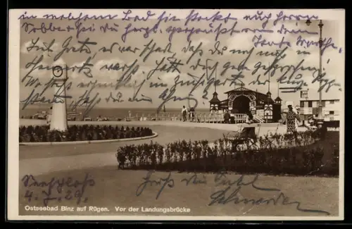 AK Binz auf Rügen, Vor der Landungsbrücke, Konzertbühne, Uhr