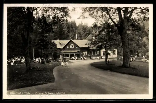 AK Oberhof i. Thür., Gasthaus Obere Schweizerhütte mit Strasse