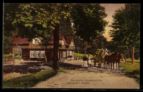 AK Oberhof i. Thür., Gasthaus Untere Schweizerhütte mit Postkutsche