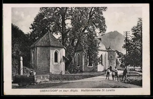 AK Oberstdorf im bayr. Allgäu, Wallfahrtskirche St. Loretto, Brunnen, Trachten