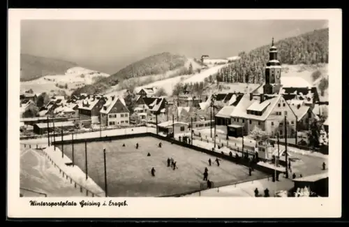 AK Geising i. Erzgeb., Winteransicht Eishockeyfeld und Ort