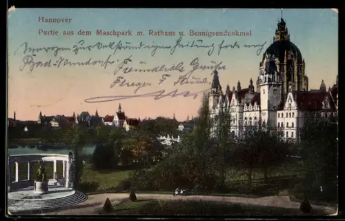 AK Hannover, Maschpark, Rathaus, Bennigsen-Denkmal