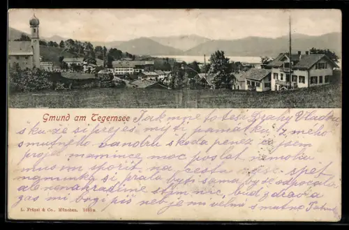 AK Gmund am Tegernsee, Ortsansicht mit Kirche und See
