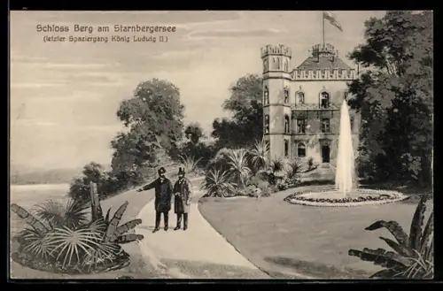 Künstler-AK Berg am Starnbergersee, Schloss Berg, letzter Spaziergang König Ludwig II