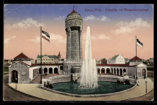 AK Düren /Rhld., Cölnplatz mit Wasserturmanlage, Brunnen, Flaggen