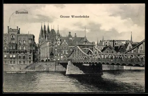 AK Bremen, Grosse Weserbrücke mit Stadtpanorama