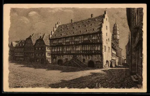 Künstler-AK Hanau a. Main, Altstädter Rathaus und Marktplatz