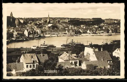 AK Flensburg, Ortsansicht mit Hafen und Kirche aus der Vogelschau
