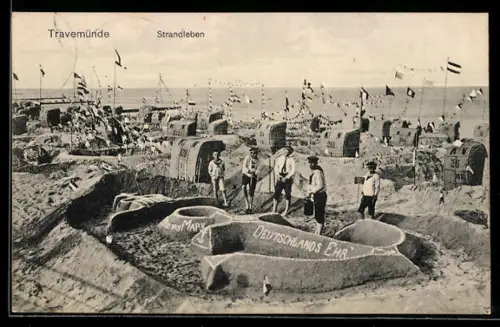 AK Travemünde, Strandleben, Schüler mit Strandburg Deutschlands Ehr