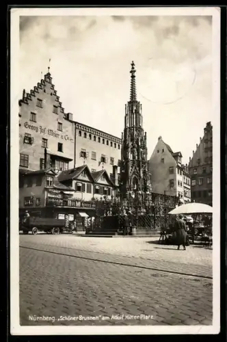 AK Nürnberg, Schöner Brunnen und Geschäft von Georg Jos. Meier & Co. am Platz