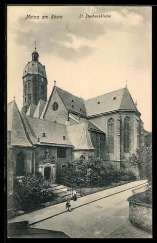 AK Mainz am Rhein, St. Stephanskirche mit Strassenpartie
