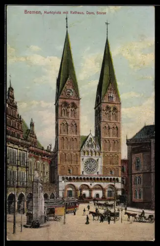 AK Bremen, Marktplatz mit Rathaus, Dom und Börse, Strassenbahn