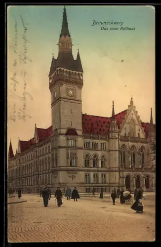 AK Braunschweig, Neues Rathaus mit Strassenpartie