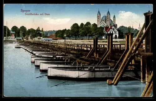 AK Speyer, Blick über die Schiffbrücke zum Dom