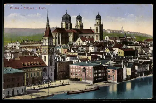 AK Passau, Teilansicht mit Rathaus und Dom