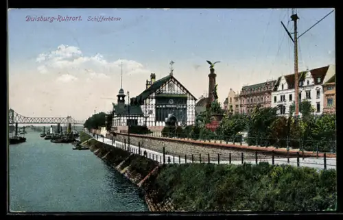 AK Duisburg-Ruhrort, Schifferbörse mit Denkmal