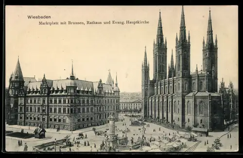AK Wiesbaden, Marktplatz mit Brunnen, Rathaus und Evang. Hauptkirche