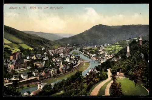 AK Altena i. W., Blick von der Burghalle auf den Ort