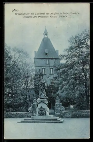 AK Mörs, Grafenschloss mit Denkmal der Kurfürstin Luise Henriette, Geschenk Kaiser Wilhelms II.