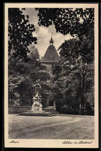 AK Moers, Schloss mit Denkmal der Kurfürstin Luise Henriette