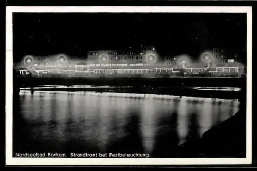 AK Borkum, Strandfront bei Festbeleuchtung