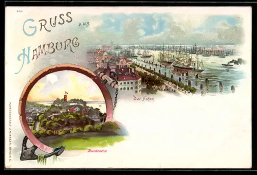 Künstler-AK Hamburg-Blankenese, Segelschiffe im Hafen, Bergansicht mit der Siedlung