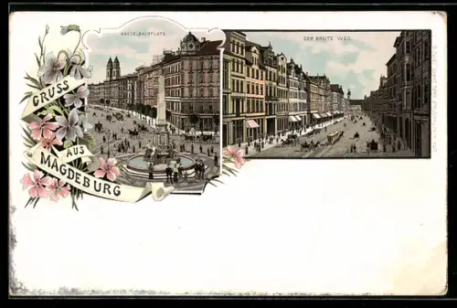 Lithographie Magdeburg, Hasselbachplatz, Partie am Breiten Weg