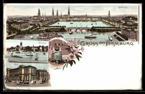 Lithographie Hamburg, Panorama mit Alsterbassin, Uhlenhorst, Börse & Vierländerin in Tracht
