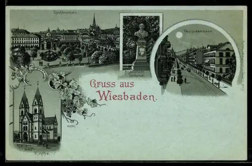 Mondschein-Lithographie Wiesbaden, Kochbrunnen, Maria-Hilf-Kirche, Tunusstrasse, Bodenstedt-Denkmal