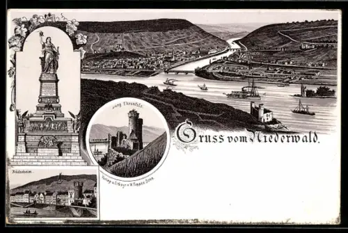 Lithographie Assmannshausen, Burg Ehrenfels, Niederwald-Denkmal