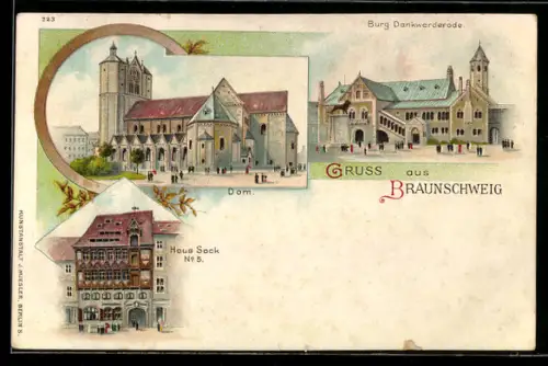 Lithographie Braunschweig, Haus Sack No. 5, Burg Dankwarderode