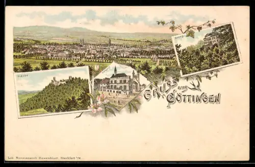 Lithographie Göttingen, Rathaus, Plesse, Gesamtansicht