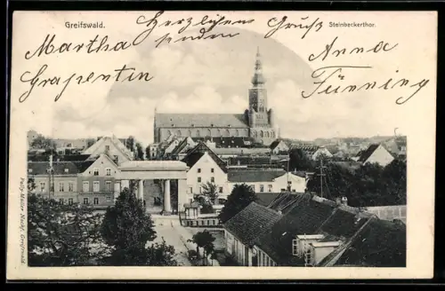 AK Greifswald, Partie am Steinbeckertor aus der Vogelschau mit Kirche