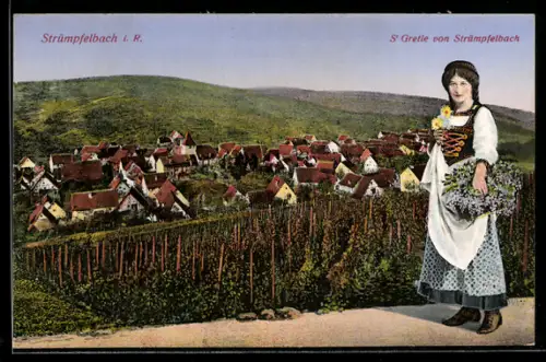 AK Strümpfelbach i. R., Totalansicht und Frau in Tracht