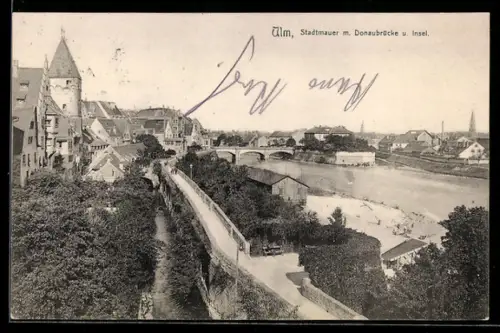 AK Ulm, Stadtmauer mit Donaubrücke und Insel